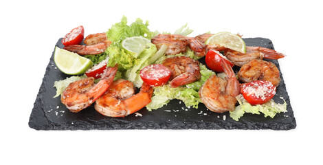 Tasty grilled shrimps with salad isolated on white. Delicious seafood dish