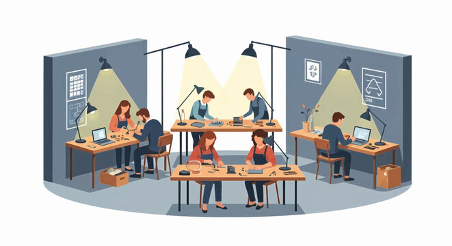 People engaged in a workshop, developing electronic devices and circuit boards, with focused attention on their tasks
