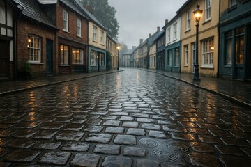Fototapeta premium Shiny cobblestone road in a small town under light rain, water droplets forming ripples in shallow puddles.