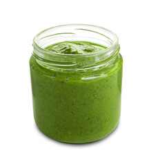 Fresh pesto sauce in jar isolated on white