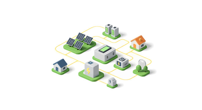 Isometric illustration of a smart grid with solar panels, homes, and energy storage systems
