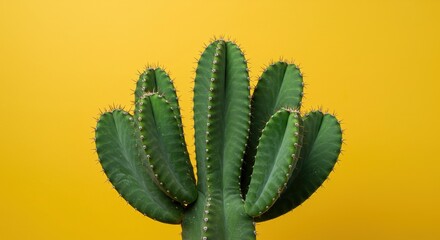 A green cactus plant against a bright yellow backdrop