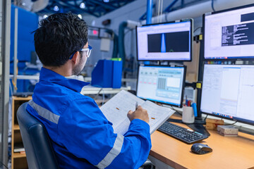 Inside the large Industry Factory male Computer Engineer Works on Personal Computer She coding program for control machine,Thailand people work on fours monitors,Programmer working with serious