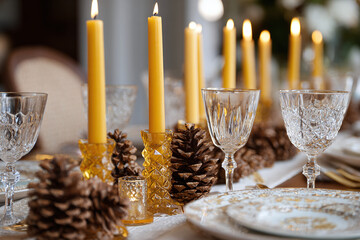elegant christmas dinner table with butter yellow candles crystal glasses porcelain and pinecones festive scene