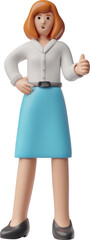 A full-length 3D avatar of a woman in a white blouse and blue skirt, giving a thumbs-up gesture.