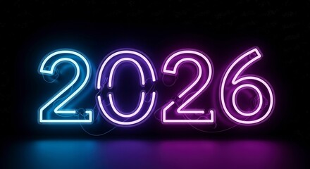 Luminous 2026 in Gradient Neon Lights on a Reflective Dark Surface.