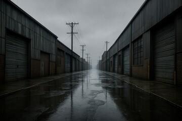 Obraz premium Industrial street with puddles forming between warehouse buildings, faint rain falling in gray light.