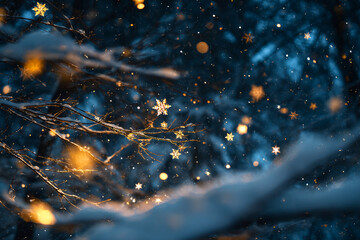 glowing butter yellow snowflakes swirling in night sky over snowy forest with frosted branches magical winter fantasy scene