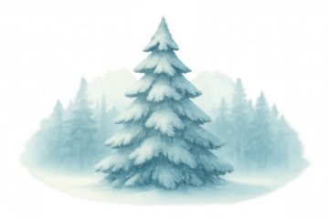 Winter forest landscape with snowy spruce tree, hand drawing depicting cold season nature on transparent background