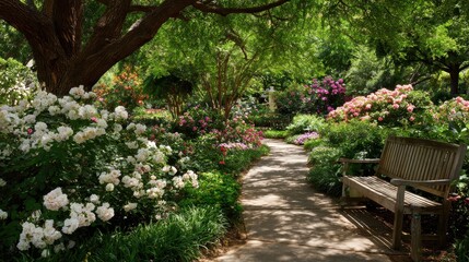 Tranquil Garden Scene at the Dallas Arboretum: Lush Flowerbeds, Inviting Benches, and Serene Pathways