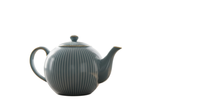 Elegant gray teapot with white stripes, isolated on transparent background, showcasing a blend of modern design and traditional tea culture, perfect for a serene tea time experience and a stylish kitc