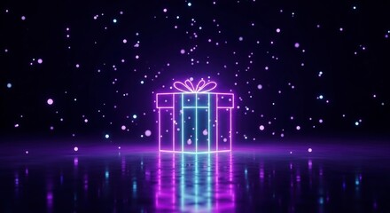 Vibrant Neon Gift Box Glowing with Purple and Cyan Light Amidst a Magical Particle Shower.