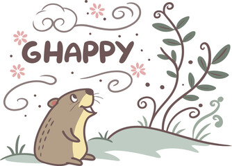 Vector art of cute cartoon groundhog with text ghappy and floral elements