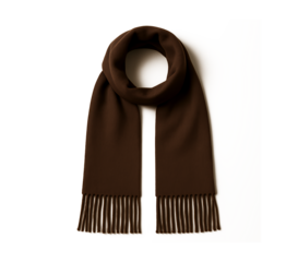 A soft, warm, dark brown knitted scarf with fringe on the ends, laid flat and isolated on a transparent background
