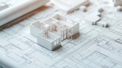 A 3D model of a house on a blueprint with a white background.