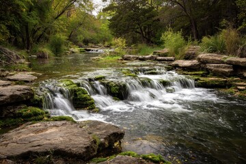 Fototapeta premium Serene Waterfall Cascading along Twin Lakes Trail in Cedar Park, Texas - A Scenic Nature Landscape