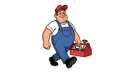 Cartoon plumber walking with toolbox and tools, handyman service illustration