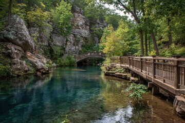 Fototapeta premium Serene Waters: Scenic Pedestrian Bridge Over Crystal Blue Springs in Ha Ha Tonka State Park, Missouri