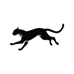 Sleek black panther silhouette captured in mid leap against a white background
