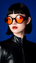 Fashion Portrait Of A Woman In Black Leather Jacket Wearing Orange Round Glasses