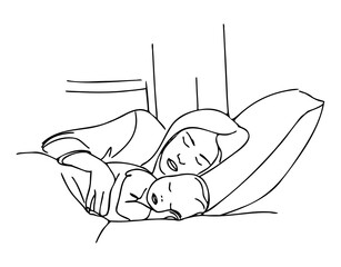 Aesthetic line art illustration of a sleeping child and mother, co-sleeping concept.