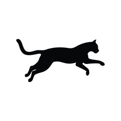 Silhouette of a black cat in mid leap captured against a white background