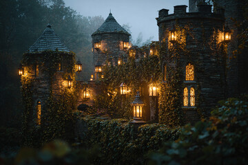 autumn castle with butter yellow lanterns glowing ivy walls and owls flying magical fantasy scene