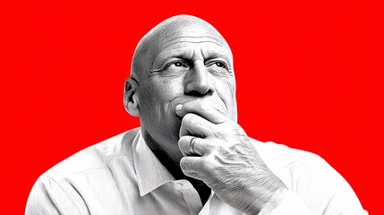 thoughtful illustration portrait of a focused man of African descent, wearing a simple shirt. His head is tilted slightly, conveying deep concentration. He is set against a bold, clean primary 