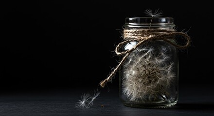 Dreamy dandelion seeds in a glass jar tied with twine against a dark backdrop, perfect for inspiring creative projects and conveying a sense of peace