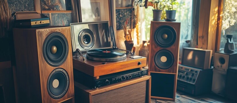 Vintage Hi-Fi Audio System Setup with Turntable and Speakers in Cozy Room