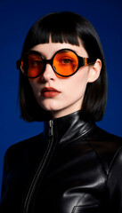 Fashion Portrait Of A Woman In Black Leather Jacket Wearing Orange Round Glasses
