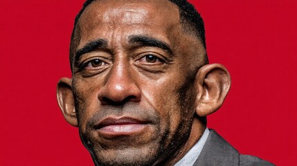 powerful illustration portrait of a team leader of Latin American descent, with a determined stare and a hint of a smile. The figure is posed with a subtle sense of leadership and drive, set 
