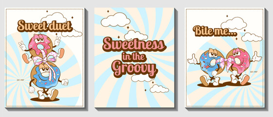 Retro Donut Cartoon Characters with Funny Quotes.Groovy Cartoon Donuts with Cute Slogans.Cartoon Donut Characters with Vintage Style Quotes