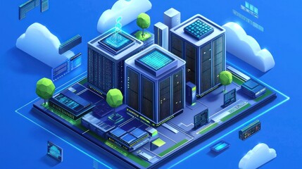 A futuristic cityscape with high-rise buildings, clouds, and digital elements.