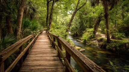 Obraz premium Scenic Wooden Boardwalk in Ocala National Forest at Juniper Springs, Florida - A Perfect Hiking Destination Surrounded by Nature and Tranquil Creeks