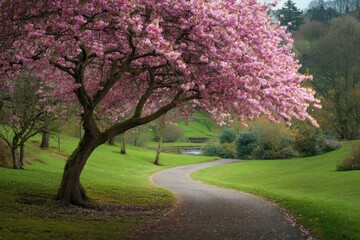 Fototapeta premium Springtime Splendor: Cherry Blossoms Illuminate Pittencrieff Park in Dunfermline, Fife, Scotland