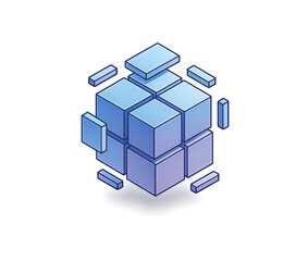 Fototapeta premium Abstract 3d isometric illustration of a cube structure composed of smaller blue cubes and rectangular blocks, representing data, building blocks, or modular systems isolated on transparent background