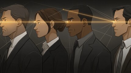 stylized illustration portrait of a multiethnic team of four office workers, with each person's profile facing a different direction but with glowing lines connecting them at the center. The 