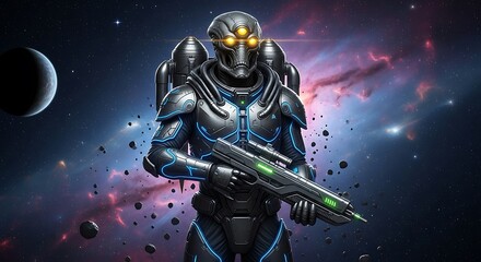 Fototapeta premium A futuristic space warrior stands ready with high-tech weaponry in a vast, cosmic setting, showcasing vibrant colors and detailed armor.