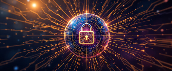 Cybersecurity sphere with 4D lock embedded in its core, radiating golden beams on deep navy background, golden and purple glowing lauer around the lock,