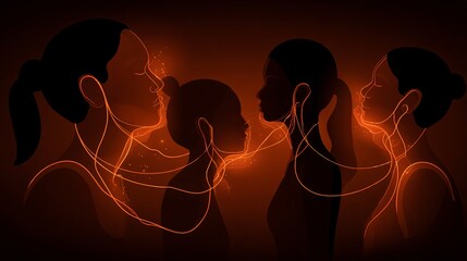 stylized illustration portrait of a multiethnic team of four office workers, with each person's profile facing a different direction but with glowing lines connecting them at the center. The 