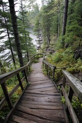Obraz premium Scenic Wooden Stairs on Hiking Trail at Tettegouche State Park, Minnesota - A Serene Footpath Through Lush Forest along Lake Superior