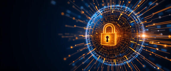 Cybersecurity sphere with 4D lock embedded in its core, radiating golden beams on deep navy background, golden and purple glowing lauer around the lock,