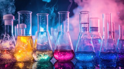 A row of colorful beakers with liquid and steam in a laboratory setting.