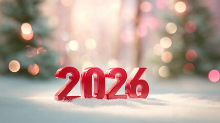 red 2026 numbers on snowy background with festive bokeh lights, winter holiday illustration for Christmas and New Year celebration