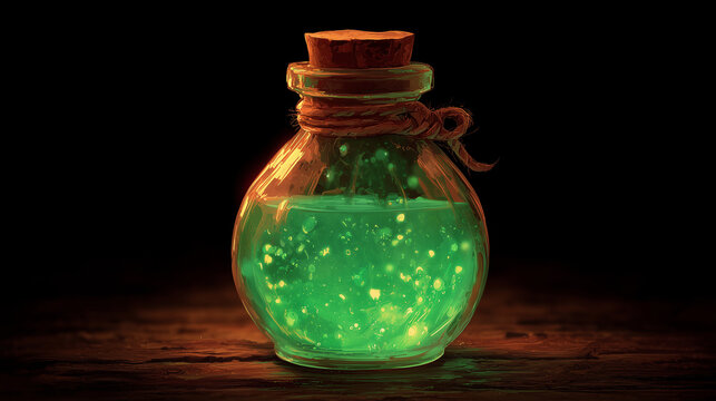 glowing green potion bottle with sparkling liquid, fantasy magic elixir illustration for Halloween, witchcraft, and mystical design