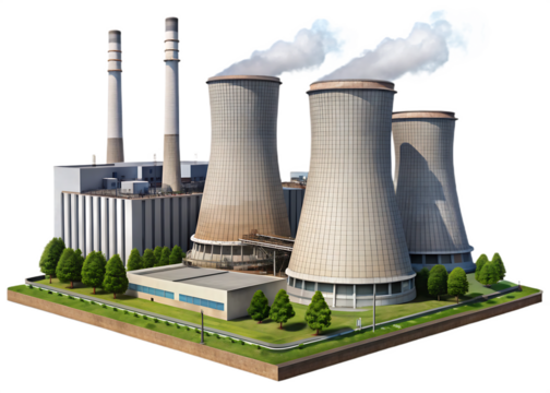 Nuclear Power Station With Cooling Towers And Smokestacks industrial energy isolated on a transparent background