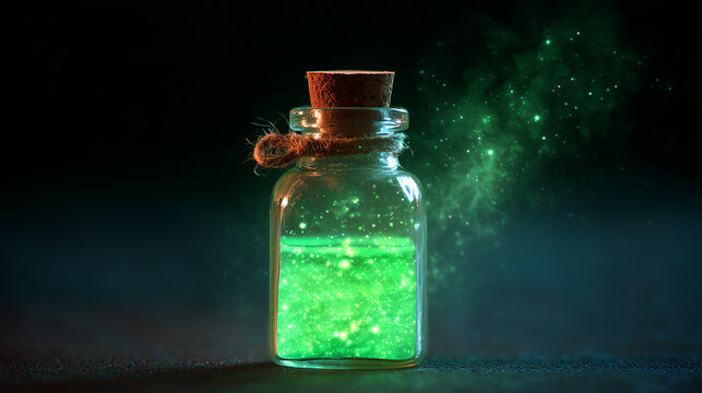glowing green potion bottle with sparkling liquid, fantasy magic elixir illustration for Halloween, witchcraft, and mystical design