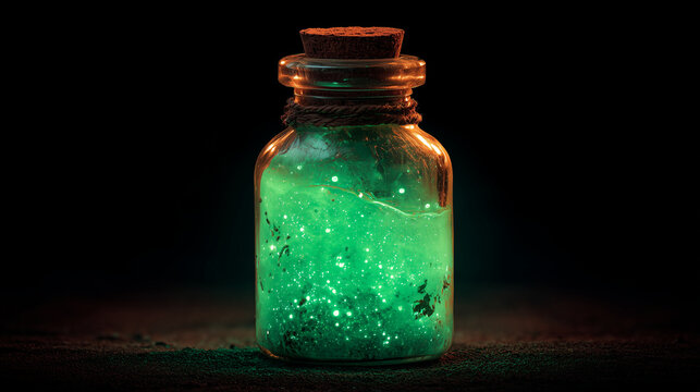glowing green potion bottle with sparkling liquid, fantasy magic elixir illustration for Halloween, witchcraft, and mystical design