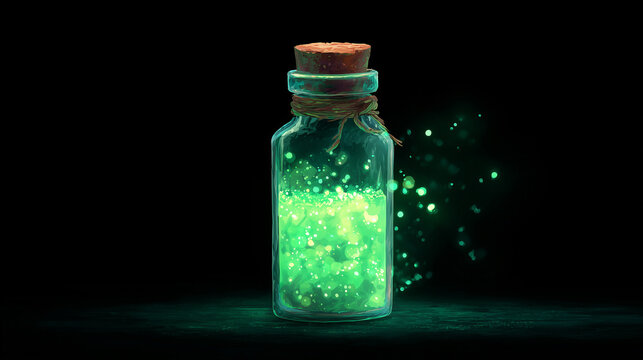 glowing green potion bottle with sparkling liquid, fantasy magic elixir illustration for Halloween, witchcraft, and mystical design